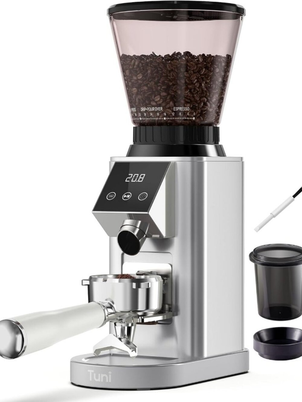 Conical Burr Coffee Grinder with 48 Grind Settings - Sleek Silver Design